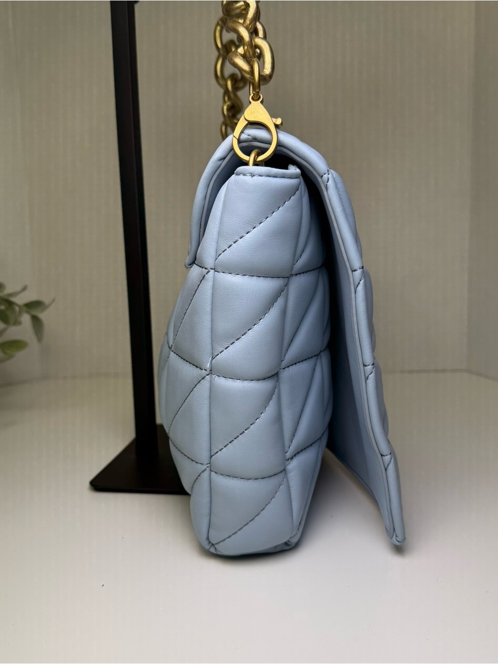 Zara Baby Blue & Gold Quilted Shoulder Bag Gold Chain Accent Strap - Picture 7 of 16